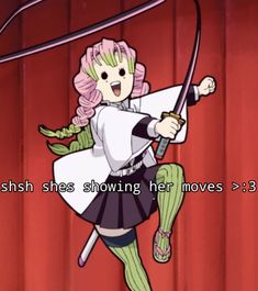 a cartoon girl with pink hair holding a bow and arrow in her hand, while standing on a stage