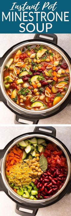 two pans filled with different types of pasta and vegetables, one in the process of cooking