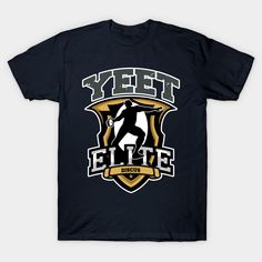 a badge styled illustration of an athlete throwing a discus with text that says Yeet Elite Discus -- Choose from our vast selection of Crewneck and V-Neck T-Shirts to match with your favorite design to make the perfect graphic T-Shirt. Pick your favorite: Classic, Boxy, Tri-Blend, V-Neck, or Premium. Customize your color! For men and women. Hip Hop Crew Neck T-shirt For Sports Events, Hip Hop Sports T-shirt With Screen Print, Track N Field, Discus Thrower, Hammer Throw, Track And Field Athlete, Shot Put, Silhouette Illustration, Track And Field