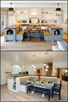 two pictures of a kitchen and dining room in one photo, the other is an open floor plan