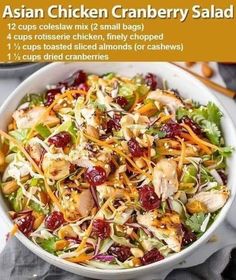 Easy Crockpot Recipes | Asian Chicken Cranberry Salad😋😎😎👌 ❤️I love this quick & easy recipe | Facebook Chicken Cranberry Salad, Chicken Cranberry, Asian Chicken Salads, Recipes Asian, Spicy Chicken Recipes, Cranberry Salad, Asian Chicken, Coleslaw Mix, Dessert Salads