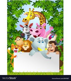 cartoon animals with blank sign in the jungle