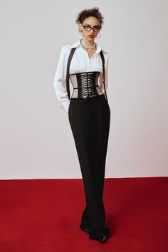 These pants are expertly crafted with cotton, providing a comfortable fit and breathability. The pegged design adds a touch of sophistication to any outfit. Stay stylish and comfortable in these ankle-length pants. V Shape Cut, Organza Shirt, Mean Blvd, Mesh Corset, Ankle Length Dress, Inspo Outfit, Mesh Design, Ankle Length Pants, Corset Style