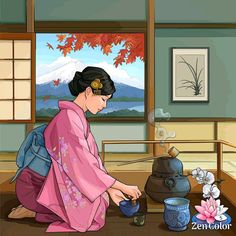 a woman in a pink kimono is pouring water into a teapot while looking out the window