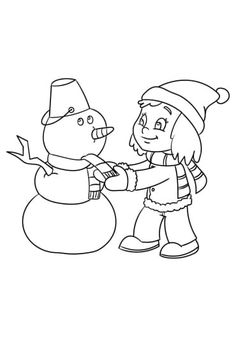 a girl building a snowman with her hand coloring pages for kids, printable