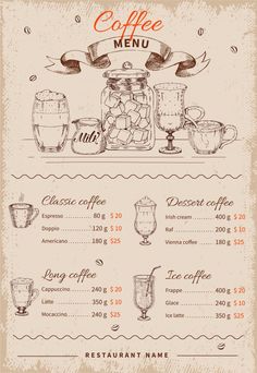 a coffee menu with drinks and desserts on the table stock photo - 54978