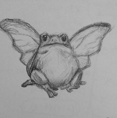 a drawing of a frog sitting on the ground with its wings spread out and eyes wide open