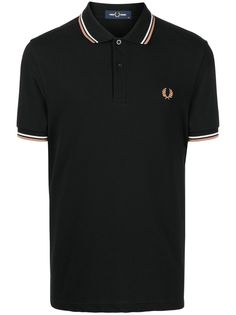 black cotton embroidered logo at the chest striped edge polo collar front button placket short sleeves straight hem Casual Short Sleeve Polo Shirt With Striped Cuffs, Black Tops With Contrast Trim Collar, Black Cotton Polo Shirt With Embroidered Logo, Black Polo Collar Top With Contrast Trim, Black Collared Polo Shirt With Contrast Trim, Black Cotton Polo Shirt With Striped Collar, Black Collared T-shirt With Embroidered Logo, Cotton Polo Shirt With Striped Cuffs, Classic Short Sleeve Polo Shirt With Striped Cuffs