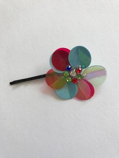 Multi-Color Crystal Sequin Flower Bobby Pin, for parties, fun, special occasions Whimsical Multicolor Hair Accessories For Gift, Handmade Adjustable Multicolor Hair Accessories, Adjustable Fun Multicolor Hair Accessories, Spring Multicolor Adjustable Hair Accessories, Handmade Multicolor Flower Brooch, Crystal Spikes, Chain Headpiece, Crystal Pyramid, Gunmetal Grey