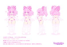 an anime character with pink hair and polka dots on her body, in four different poses