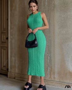 Zlily - Stylish Casual Knitted Sleeveless Round Neck Dress Green Sleeveless Knit Dress, Sleeveless Textured Knit Dress, Fitted Sleeveless Textured Knit Dress, Spring Ribbed Sleeveless Dress, Sleeveless Ribbed Knit Dress, Chic Green Knitted Dress, Sleeveless Stretch Knitted Dress, Knitted Stretch Sleeveless Dress, Casual Knit Sleeveless Dress