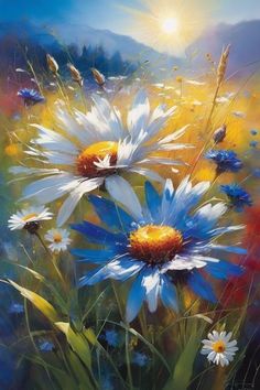 a painting of blue and white flowers with the sun shining in the sky behind them