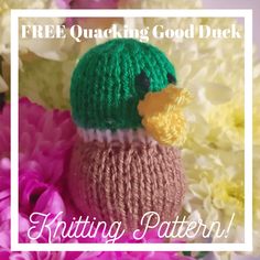 a knitted duck sitting on top of flowers with the words free quacking good duck