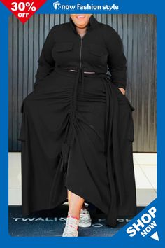 Casual Zipper Collar Long Sleeve Ruched Crop Tops And Maxi Skirt Vacation Plus Size Two Pieces Dress Sets Elegant Evening Jumpsuits, Ruffled Crop Top, Flowy Maxi Skirts, Evening Jumpsuit, Dress Sets, Plus Size Two Piece, Long Sleeves Coats, Evening Outfits, Long Sleeve Maxi