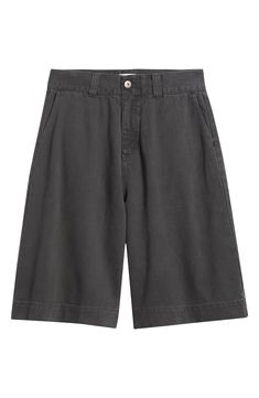 Relaxed and very roomy, these shorts cut from soft cotton twill hit well below the knee and slouch like they're your most comfortable old favorites. Exclusive retailer 13 1/2" inseam; 32" leg opening; 15" front rise; 19" back rise (size 32) Zip fly with button closure Front slant pockets; back patch pockets 100% cotton Machine wash, tumble dry Imported Relaxed Fit High-waisted Cotton Bermuda Shorts, Cotton Bermuda Shorts With Built-in Shorts And Wide Leg, Washed Black Cotton Shorts, High-waisted Cotton Bermuda Shorts, Washed Black Cotton Shorts For Spring, Spring Washed Black Cotton Shorts, Twill Shorts, Off Black, Back Patch