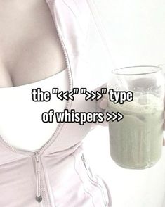 a woman in white dress holding up a glass with green liquid on it and the words, the type of whispers > >