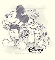 a drawing of mickey mouse and friends