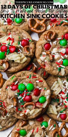 Kitchen sink christmas cookies with M&M's, white chocolate chips, christmas sprinkles, pretzels and potato chips. Kitchen Sink Cookies, Best Kitchen Sinks, Holiday Sprinkles, Perfect Cookie, White Chocolate Chips, Pretzels, Sweet And Salty