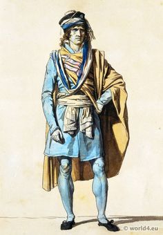 a painting of a man dressed in blue and gold, standing with his hands on his hips