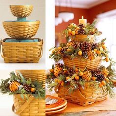 the basket is decorated with pine cones and berries