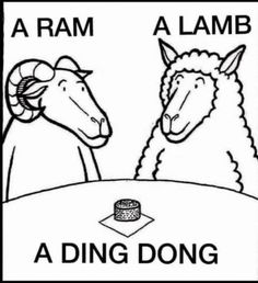 a ram and a lamb sitting at a table