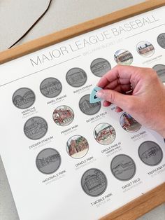 a person's hand is holding a marker over a poster with major league baseball emblems