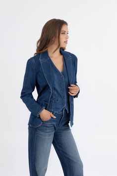 Tailored and sophisticated, this blazer boasts notched lapels, a two-button closure, and welts that flatter the waist. Layer the Coco blazer over a denim vest and jeans for a stylish Canadian tuxedo ensemble. Vest And Jeans, Canadian Tuxedo, Denim Blazer, Wide Boots, Linen Shorts, Denim Vest, Top Styles, Coco, Sleeve Length