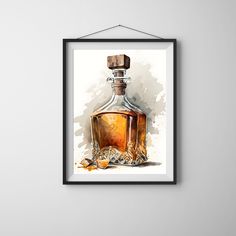 a painting of a bottle of whiskey on a wall with a black frame hanging above it