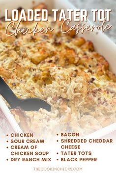 loaded tater tot chicken casserole recipe in a white dish with a black serving spoon