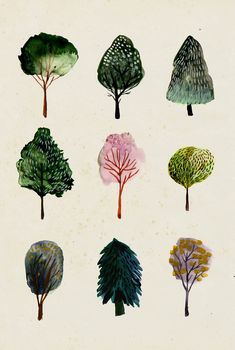 nine different trees painted in watercolor on white paper