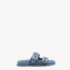 Double-band flat slides with FF Baguette decorative buckles. Made of a worn-look blue denim. Embellished with a quilted FF motif. Gold-finish metalware. Made in Italy. Size 39_5 Fendi Sandals, Denim Slides, Fendi Logo Design, Fendi Store, Fendi Logo, Fendi Shoes, Exclusive Gift, Feeling Blue, Summer 2024