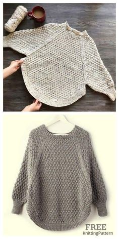 two pictures showing how to crochet the top and bottom of a knitted sweater