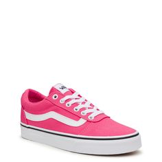 Take your sporty look to another level with these women's honeysuckle (pink) Vans Ward fashion athletic sneakers. Built using canvas upper in athleisure profile, these trainers feature a classic round toe front, secure lace-up closure, padded collar for comfort, signature patch on the tongue, supportive heel overlay, comfortable footbed, and a vulcanized waffle-patterned rubber outsole for efficient ground grip. | Vans Women's Ward Sneaker in Honeysuckle Size 5 Medium Pink Vans, Boot Accessories, Athletic Fashion, Athletic Sneakers, Sporty Look, Womens Vans, Kids Sneakers, Sneaker Shopping, Vans Shoes