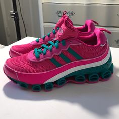 Adidas Sneakers Running/Walking Shoes. Beautiful Magenta And Green Color, Extremely Comfortable Q43bag Pink Synthetic Running Shoes For Jogging, Pink Running Shoes With Air Cushioning, Pink Functional Running Shoes With Air Cushioning, Pink Synthetic Running Shoes With Air Cushioning, Pink Synthetic Sneakers For Running Errands, Pink And Green Tennis Shoes, Adidas Pink Sneakers For Jogging, Pink Synthetic Sporty Running Shoes, Adidas Pink Sneakers With Air Cushioning