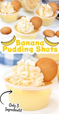 banana pudding shots in plastic cups with whipped cream on top and bananas around the edges