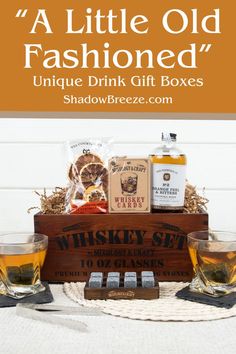 an old fashioned whiskey gift box with two glasses