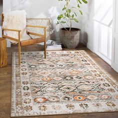 a large rug in the corner of a room with a chair and potted plant