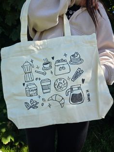 Giveaway Bags, School Picnic, Tote Bag With Zipper, Unique Tote Bag, Storage Place, Grocery Tote Bag, Coffee Theme, Painted Tote, Laptop Tote