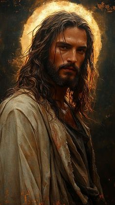 a painting of jesus with long hair and beard