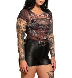 Affliction Women's Hollow Point Short Sleeve Baby Tee Black Poly Mesh Core Collection Black Distressed Punk Tops, Fitted Punk Distressed Top, Black Rebellious Streetwear Tops, Punk Distressed Fitted Tops, Gothic Distressed Tops For Streetwear, Punk Style Distressed Fitted Tops, Alternative Fitted Distressed Tops, Black Distressed Rocker Tops, Fitted Distressed Alternative Tops