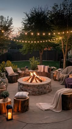 an outdoor fire pit surrounded by furniture and lights