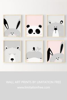 four framed pictures with animals on them and the text wall art prints by limited free