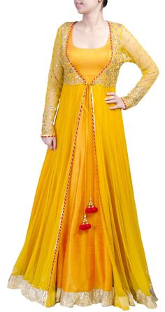 This sheer jacket long anarkali is featuring in a mango yellow floor length raw silk. It comes along with net sheer jacket with gota work detailing. Fabric : Raw silk, net. Lining : Satin. डिजाइनर कपड़े, Mehndi Dress, Sheer Jacket, Salwar Kamiz, Lehenga Choli Online