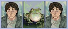 three different pictures of a man with a frog on his shoulder and the other half of him