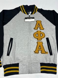 - Light Grey & Black Fleece - 80% Cotton 20% Polyester - 350 GSM - Stitched Chenille Logos - Custom Black & Old Gold Knit Ribbing - Full Zip Knit Ribbing, Phi Beta Sigma, Alpha Phi Alpha, Kappa Alpha Psi, Denim Hat, Alpha Phi, Black Fleece, Light Denim, Mens Suits