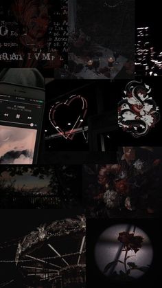 multiple images of various objects in the dark with one being a heart and another is a flower