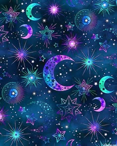 stars and crescents in the night sky with blue, purple and pink hues