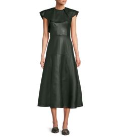 Antonio Melani x Jennifer Sumko Emi Genuine Leather Round Neck Ruffle Top Sleeveless A-Line Midi Dress | Dillard's Jennifer Sumko, Outfit Autumn, Autumn Winter 2024, Career Woman, Antonio Melani, Neck Ruffle, Top Sleeveless, Dillard's, Ruffle Top