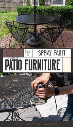 a patio table with an umbrella over it and the words how to spray paint furniture