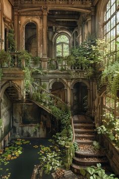 an abandoned building with lots of plants growing out of the windows and staircase leading up to it